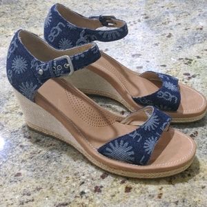 UGG Atasha Denim Wedge Heel Sandals Size 12 NWOB
